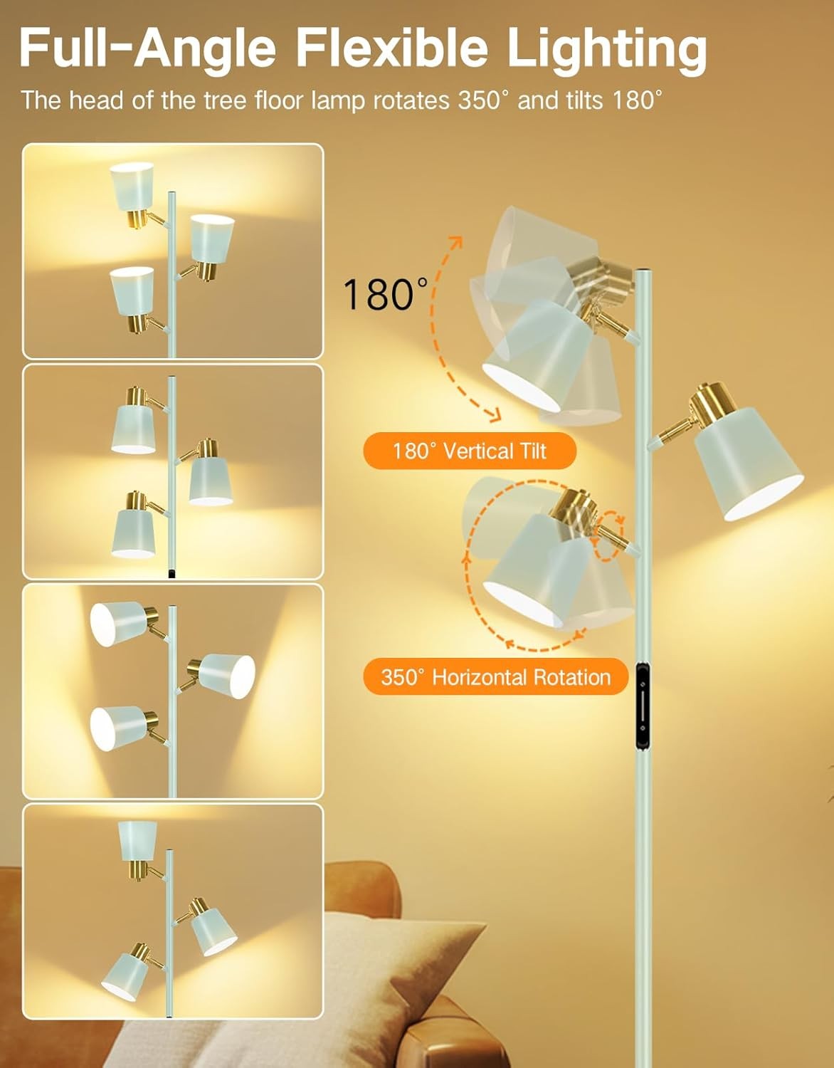 LED Tree Floor Lamp Dimmable Remote Touch 3 Head Adjustable Light