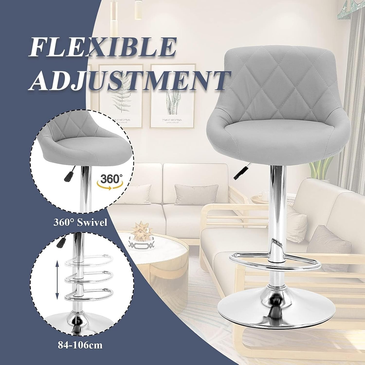 3 Grey Bar Stools Faux Leather Swivel Height Adjustable Kitchen Chairs