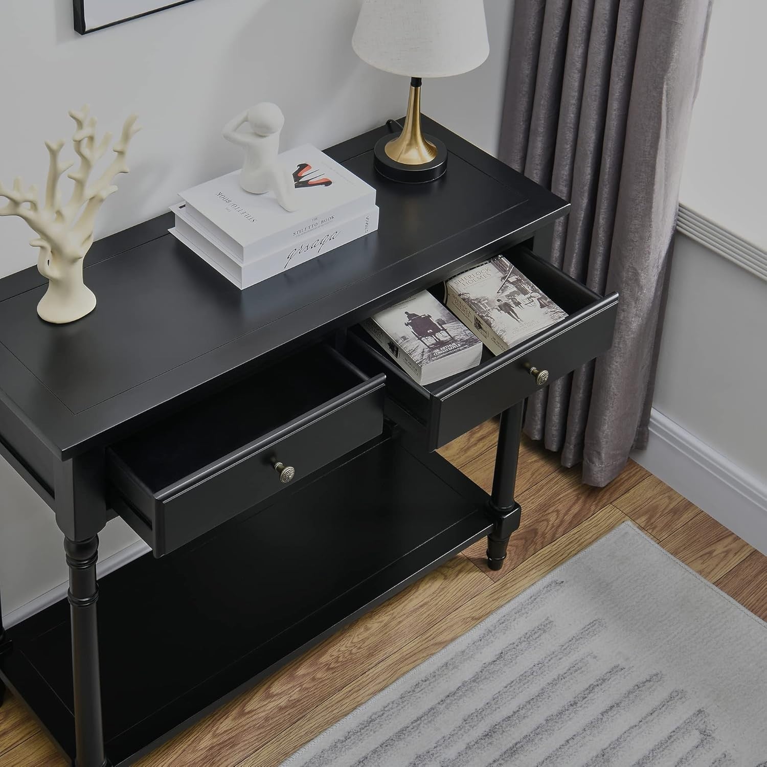 Solid Wood Console Table 90x35x77cm with 2 Drawers & Storage Shelf