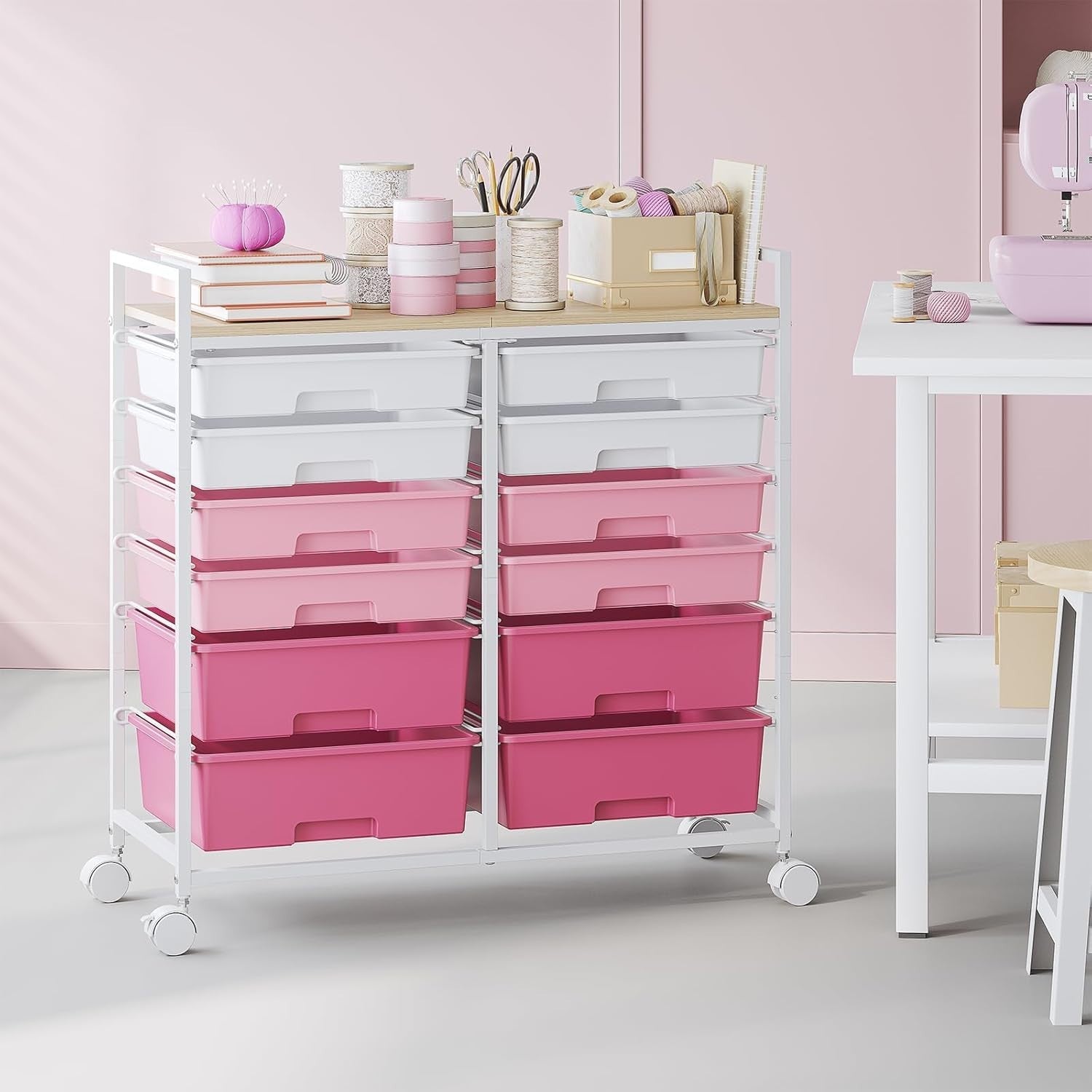 12 Drawer Rolling Storage Cart Makeup Craft Organizer Trolley Pink