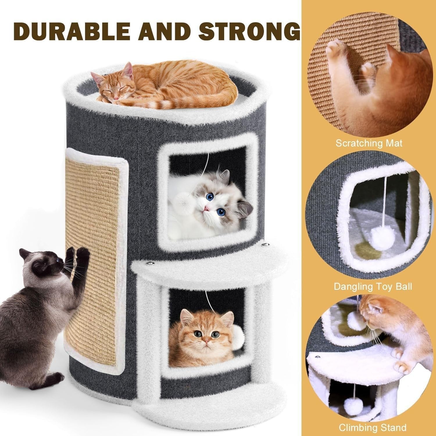 2 Tier Cat House Condo Large Cat Cave Bed w Scratch Pad Hanging Ball
