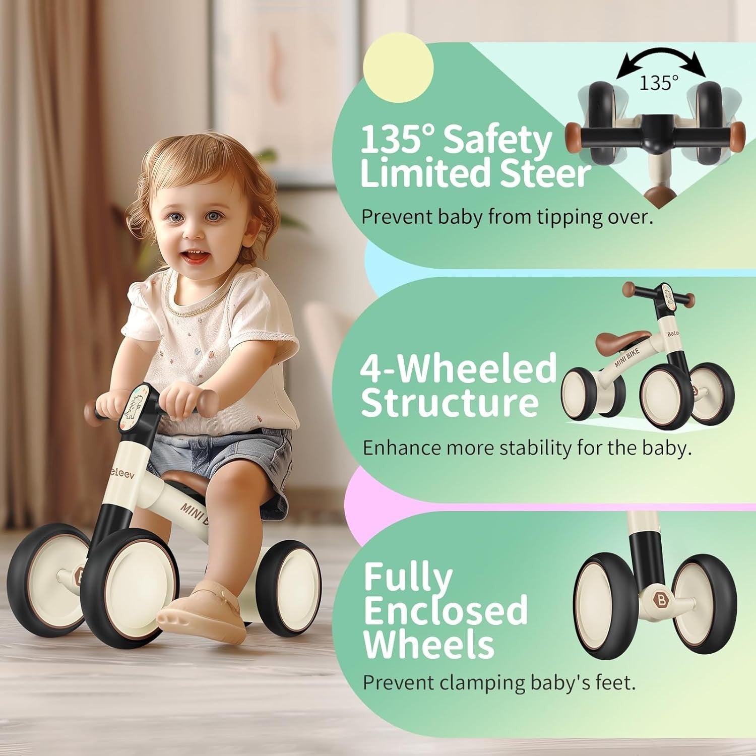 Toddler Balance Bike Baby Walker Ride On Toy 4 Wheel 10-24 Months Brown