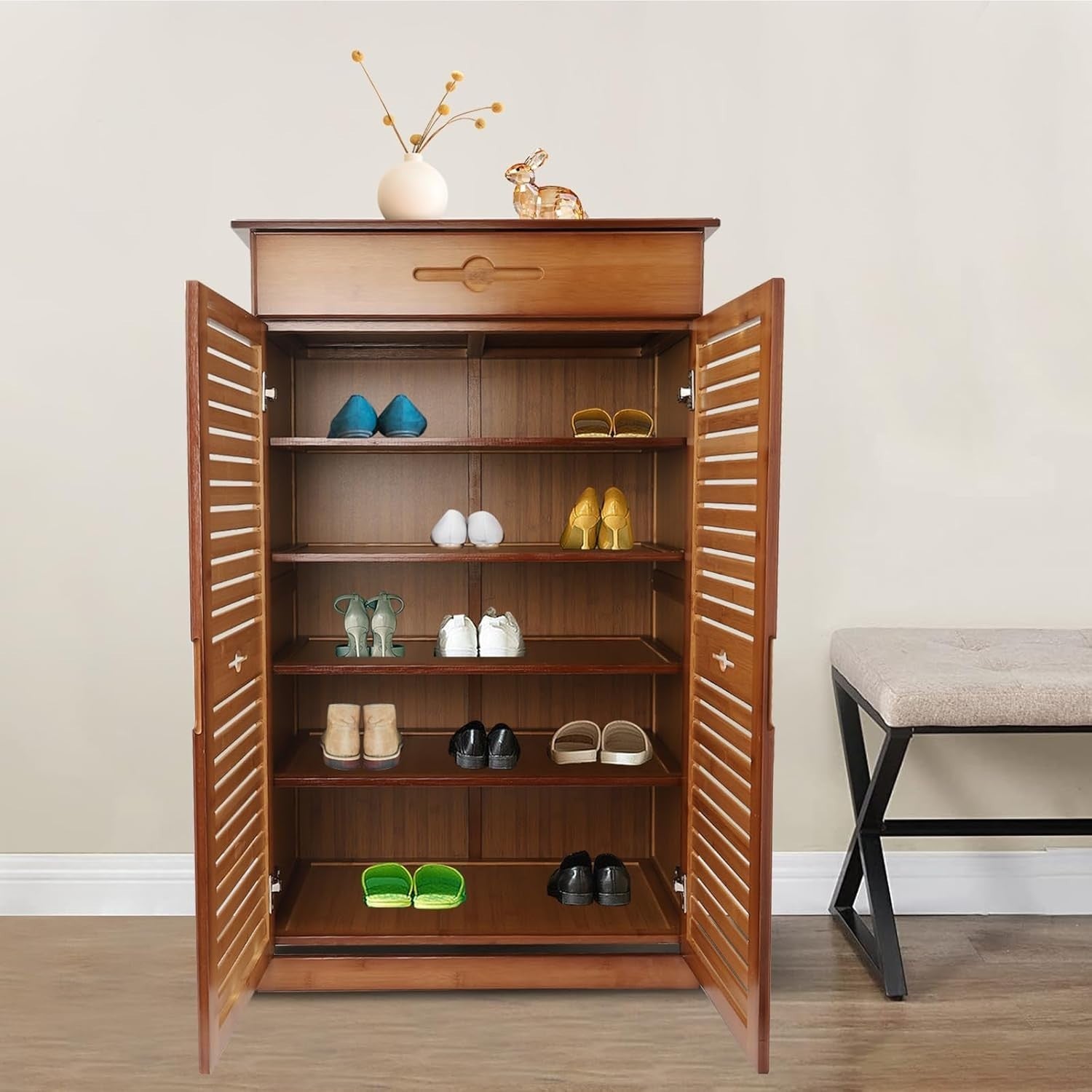 Dustproof 5-Tier Bamboo Shoe Cabinet with Drawer & Doors, Adjustable Storage
