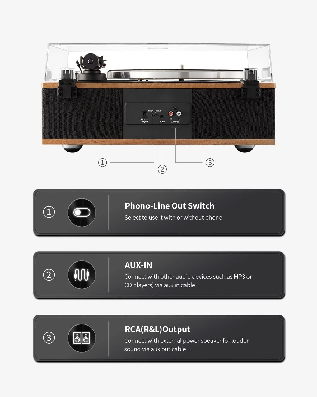 Bluetooth Turntable HiFi Record Player Built-in Speakers Belt Drive 2-Speed