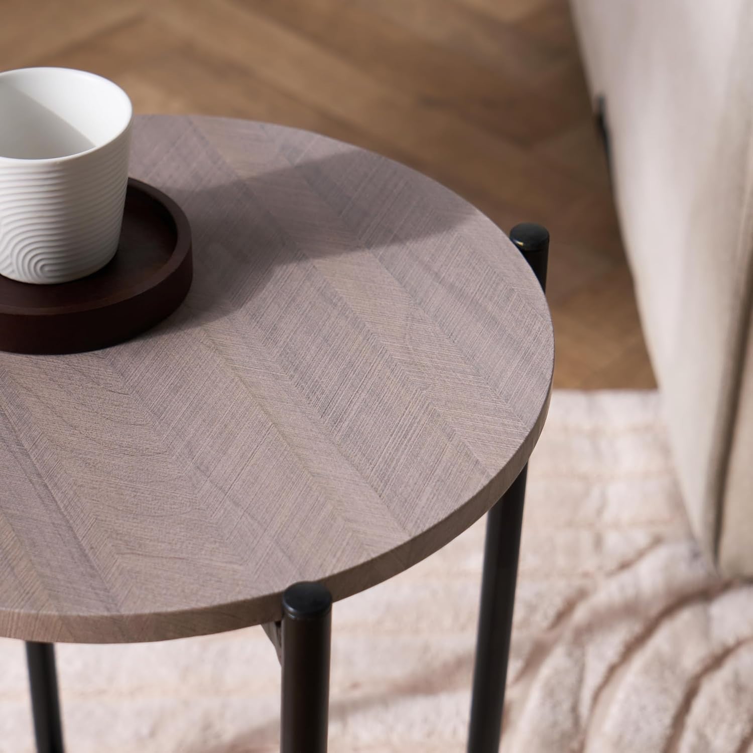 Round Marble Look Side Table Small Coffee End Table with Sturdy Metal Frame