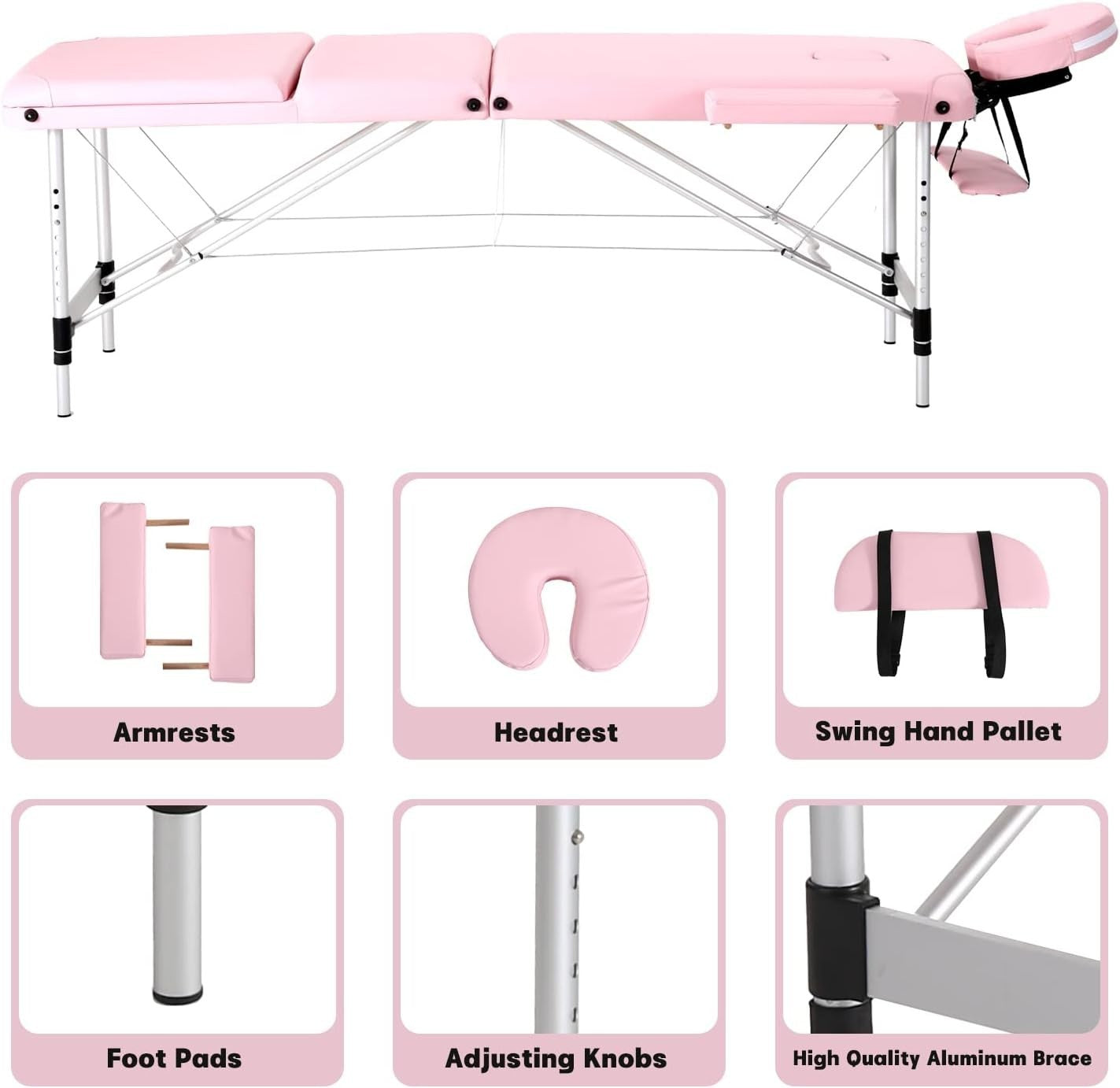 Portable Massage Table Foldable 3-Section Aluminium Therapy Beauty Bed Pink