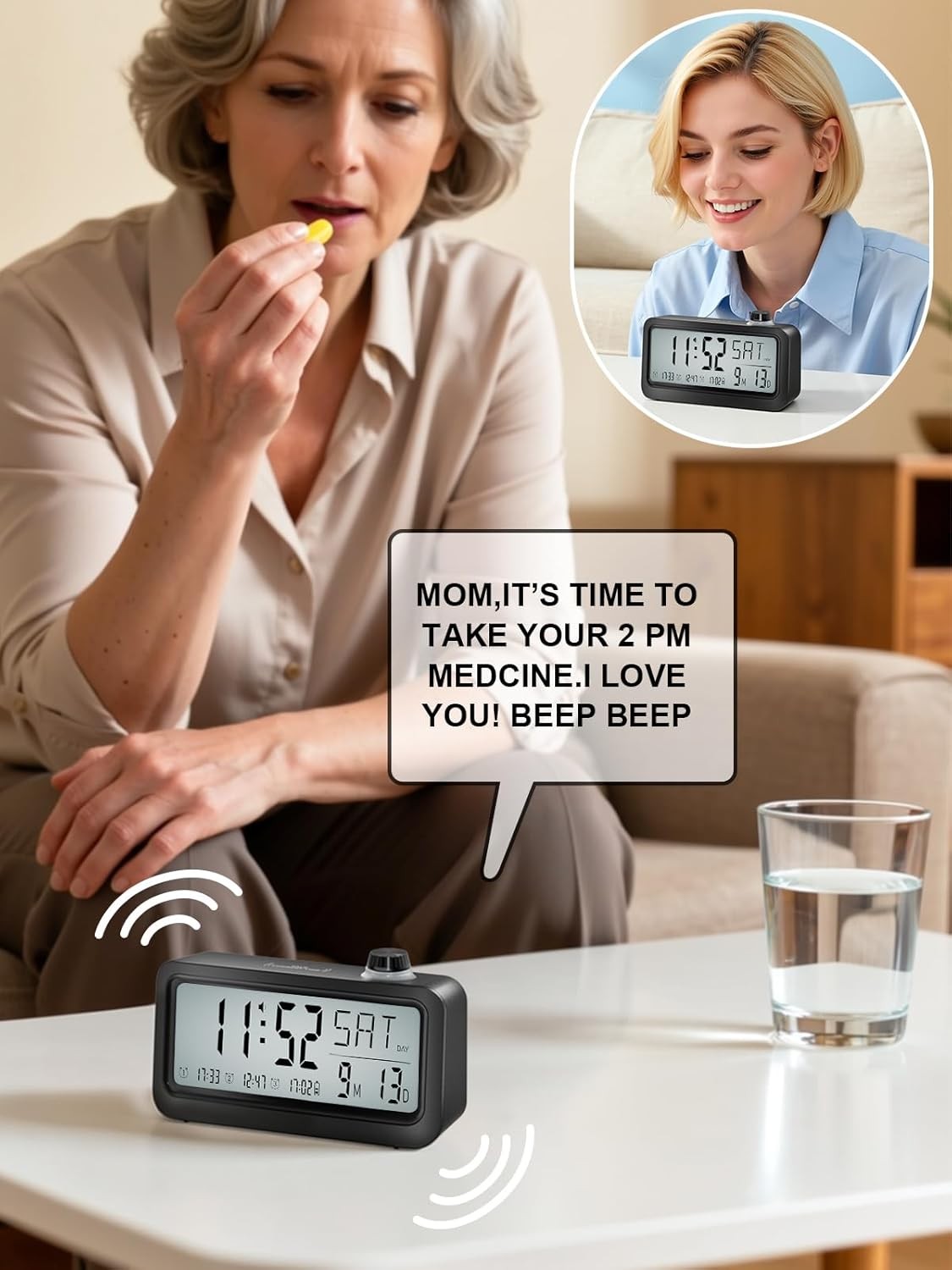 Medication Pill Reminder Talking Alarm Clock Rechargeable Voice Recording