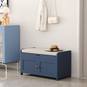 Blue Upholstered Shoe Storage Bench with Cushion Seat Cabinet Entryway 100x36x45