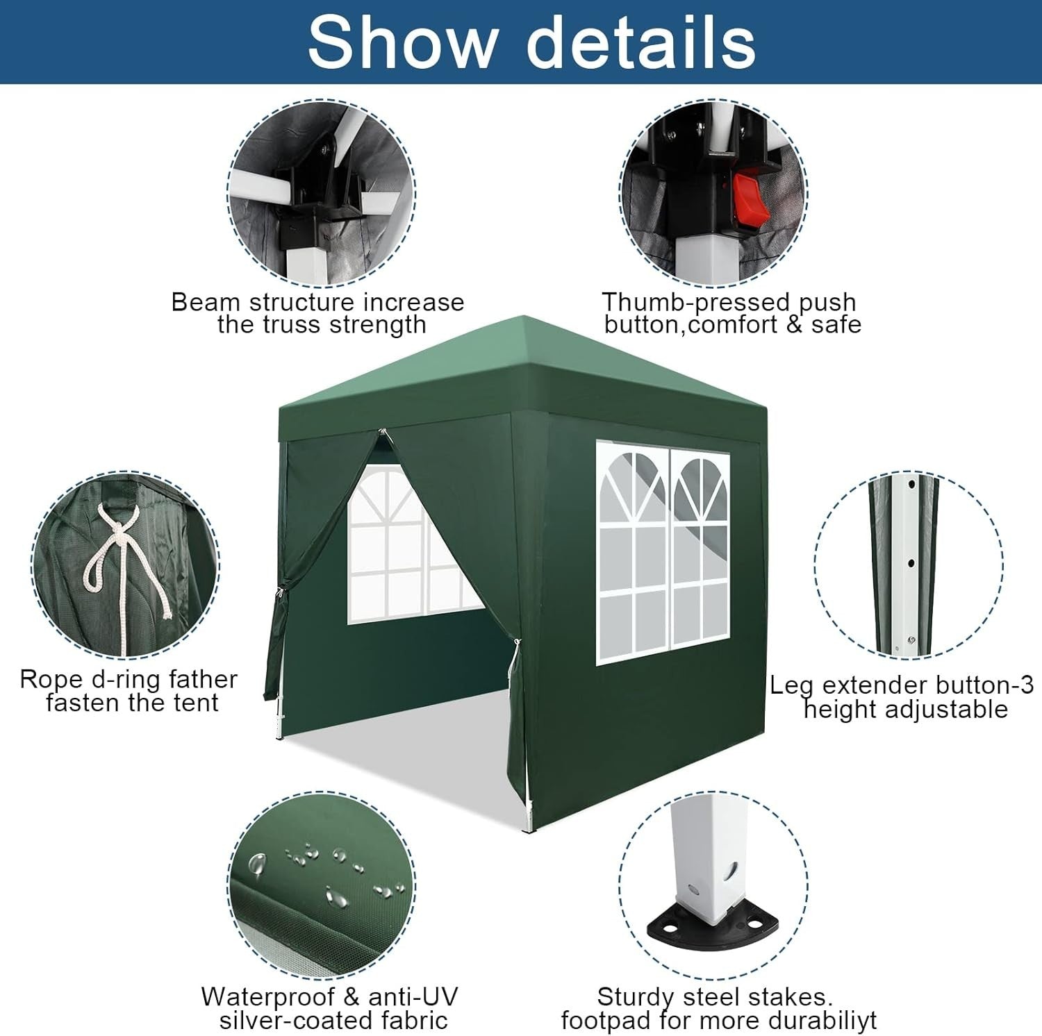 2x2M Green Pop Up Gazebo with Sides Easy Setup Waterproof Garden Party Tent