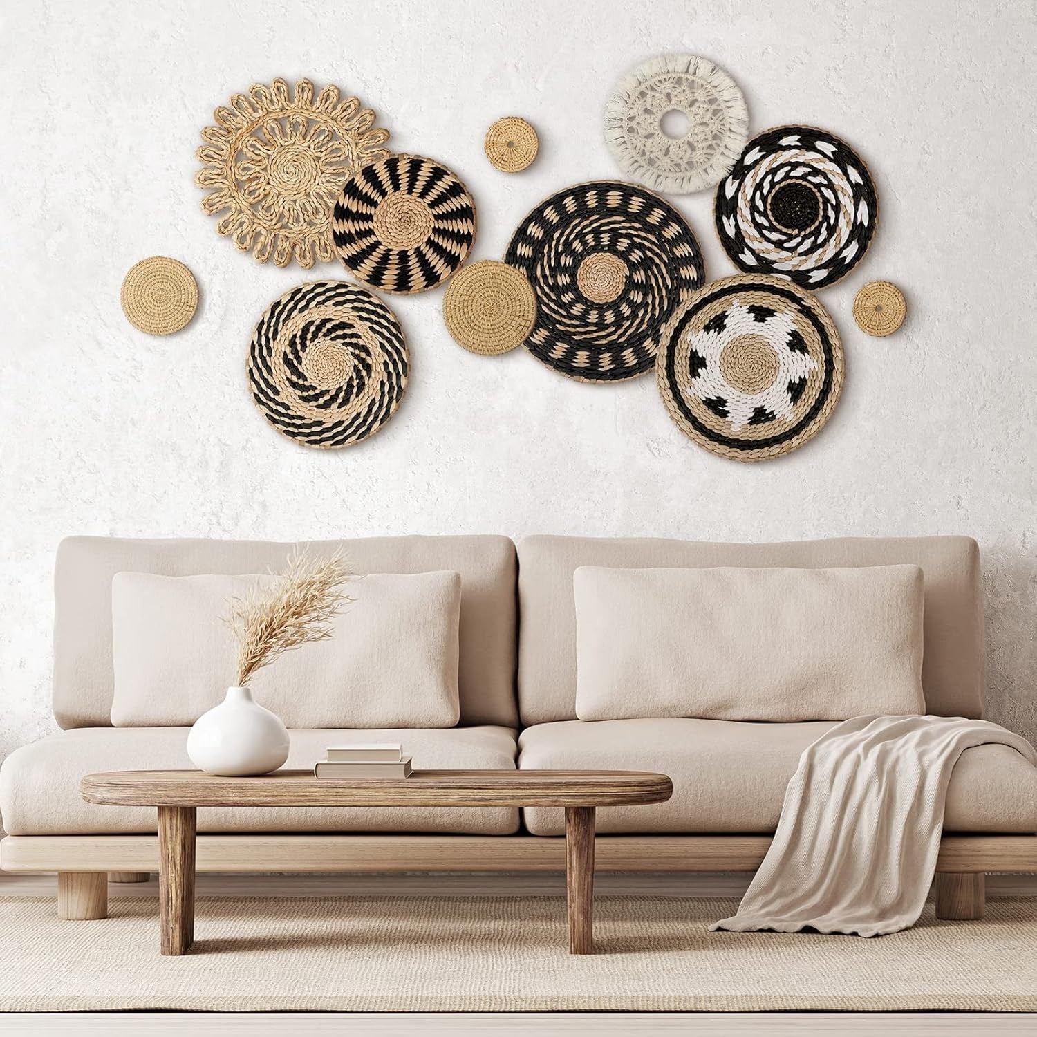 11PCS Boho Woven Wall Baskets Multi-Size Bulrush Farmhouse Decor rustic