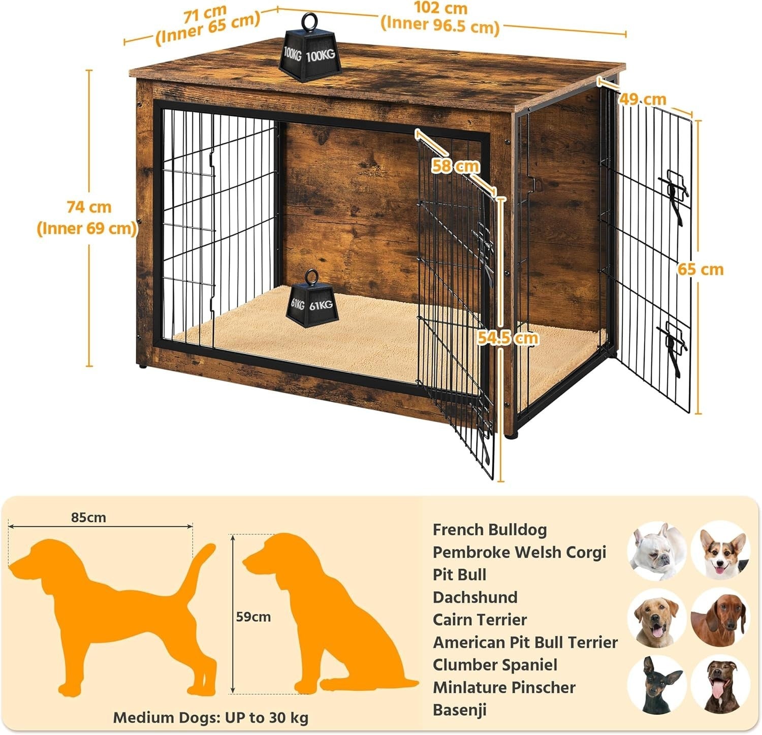 Large Rustic Brown Dog Crate Furniture with Cushion & Double Lock Doors 102x71x7