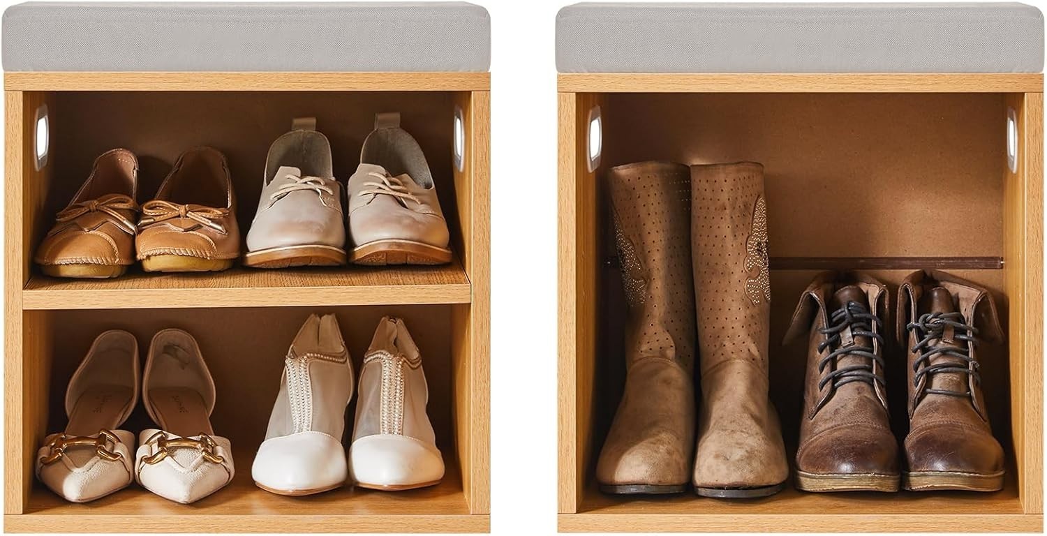 Natural 2 Tier Shoe Bench with Cushion Adjustable Storage Rack for Entryway