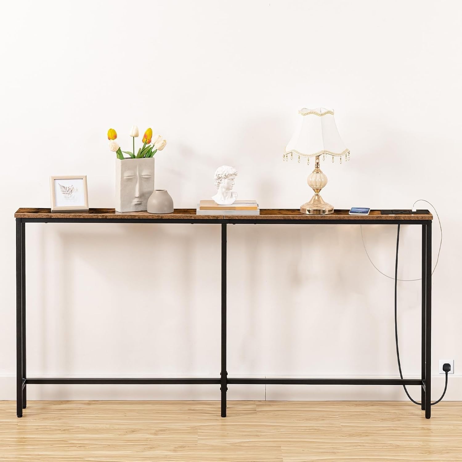 Slim Hallway Console Table with USB Charging, Narrow 180cm, Rustic Brown