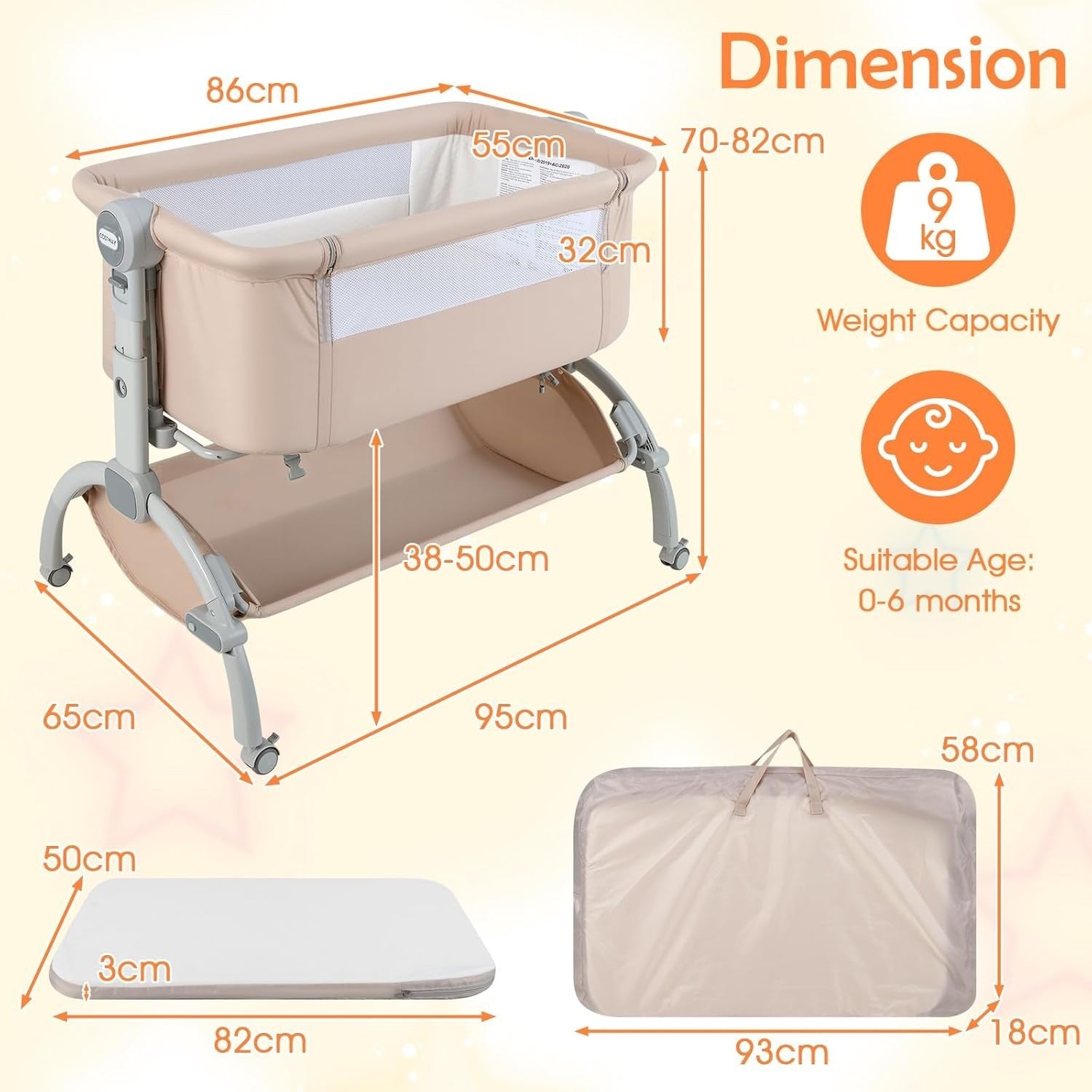 Baby Bedside Crib Adjustable Bassinet with Mattress Newborn Sleeper Beige