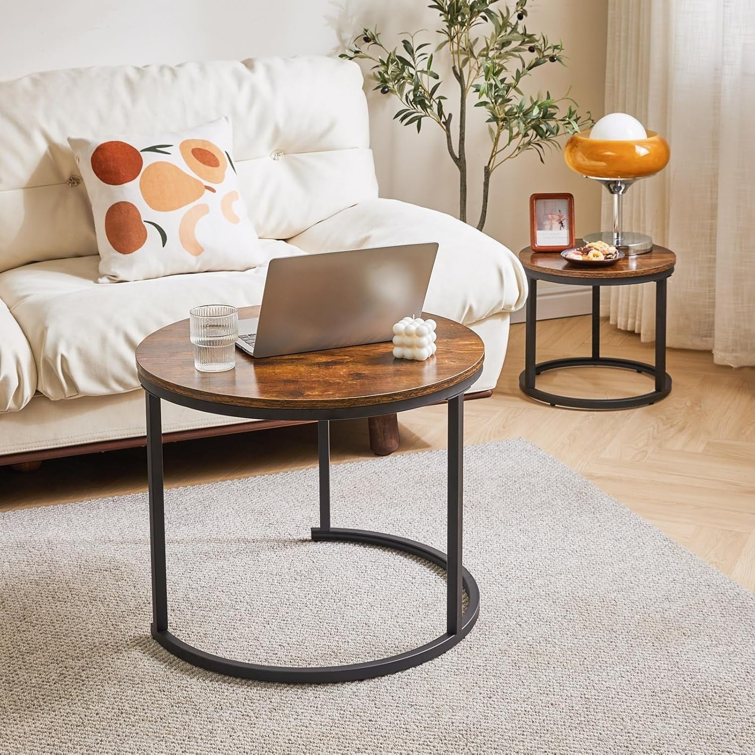Round Nesting Coffee Tables Set of 2 | Rustic Wood & Metal Side Table for Living