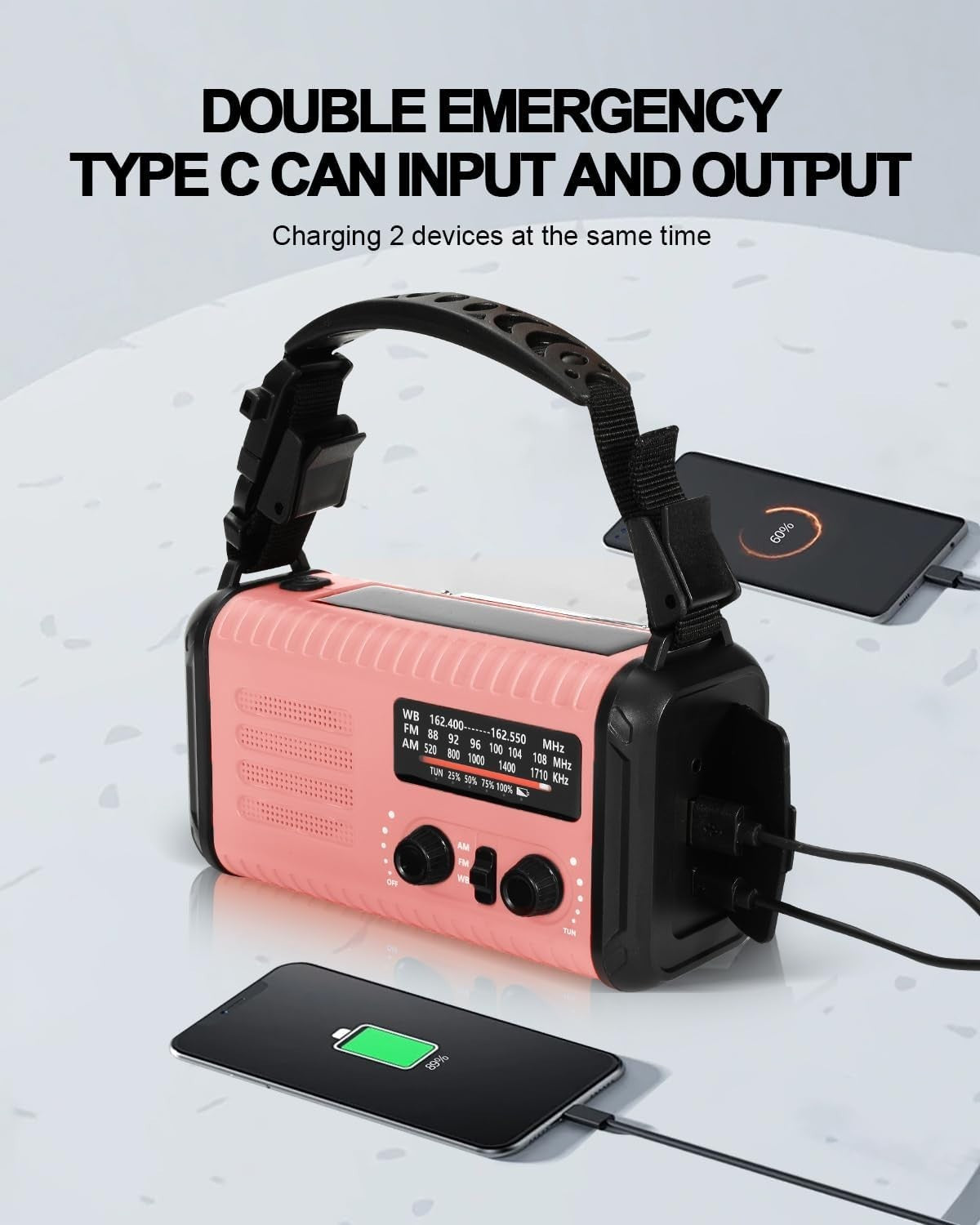 Wind Up Pink Solar Emergency Radio with 20000mAh Battery, AM/FM & Flashlight