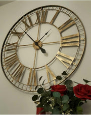 88cm Rustic Gold Skeleton Wall Clock Large Roman Numerals Living Room