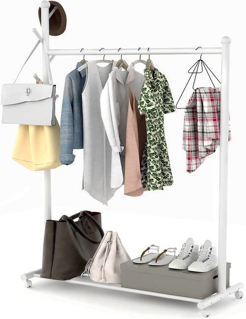 Heavy Duty Clothes Garment Rack with Shelf Wheels Metal White