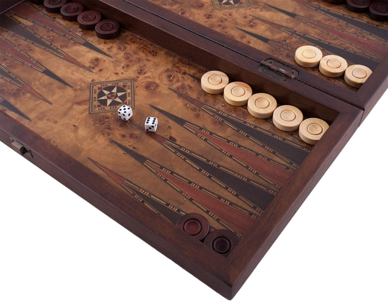 16” Wooden Backgammon Set Luxury Burl Finish Foldable Board Game