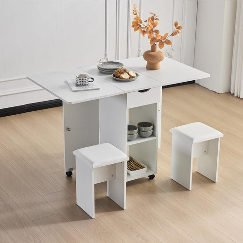 Compact Folding Dining Table Set with Storage & PU Chairs, Lockable Wheels