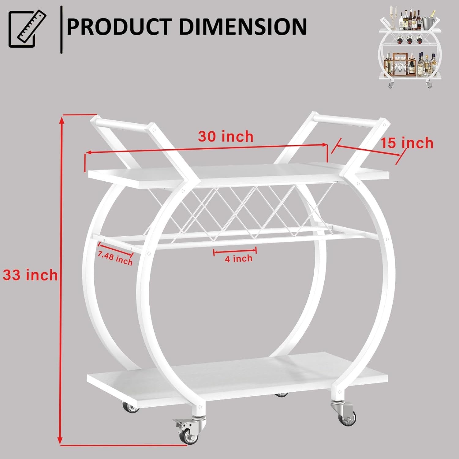 Rolling Bar Cart Drinks Trolley on Wheels Wine Rack Lockable Modern White