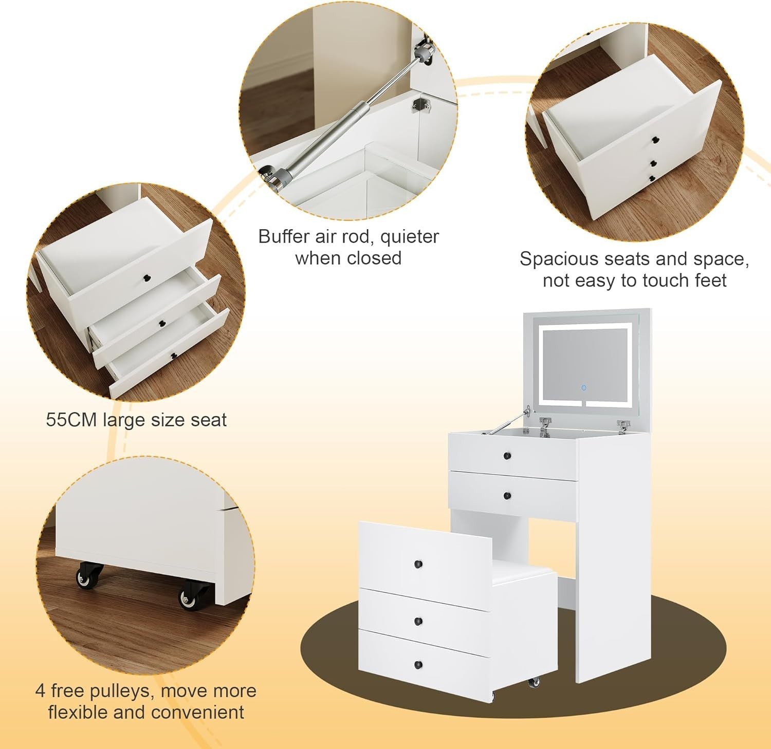 White Makeup Vanity Table with LED Mirror Lights, Flip Top Desk & Storage Stool