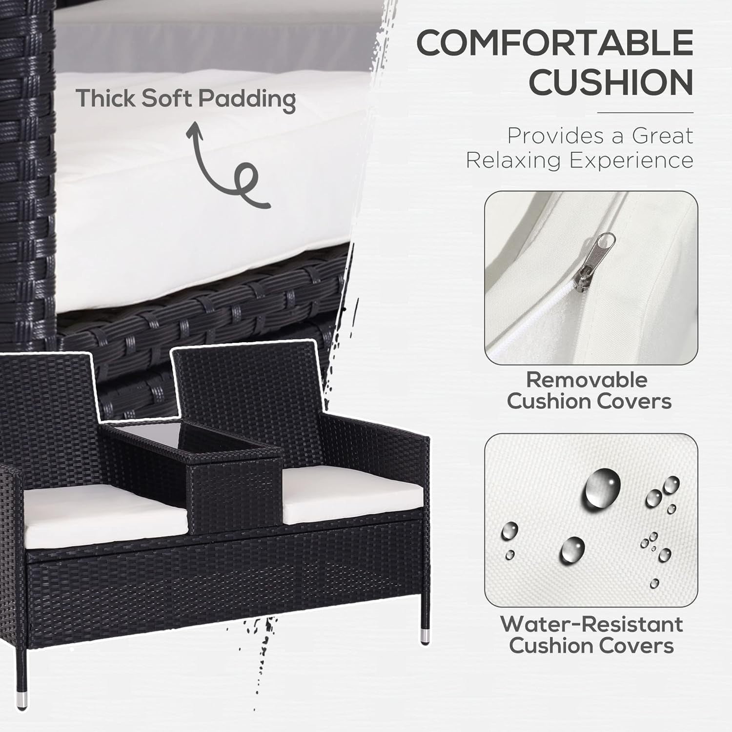 2-Seater Outdoor Rattan Garden Sofa with Table & Cushions Black Patio