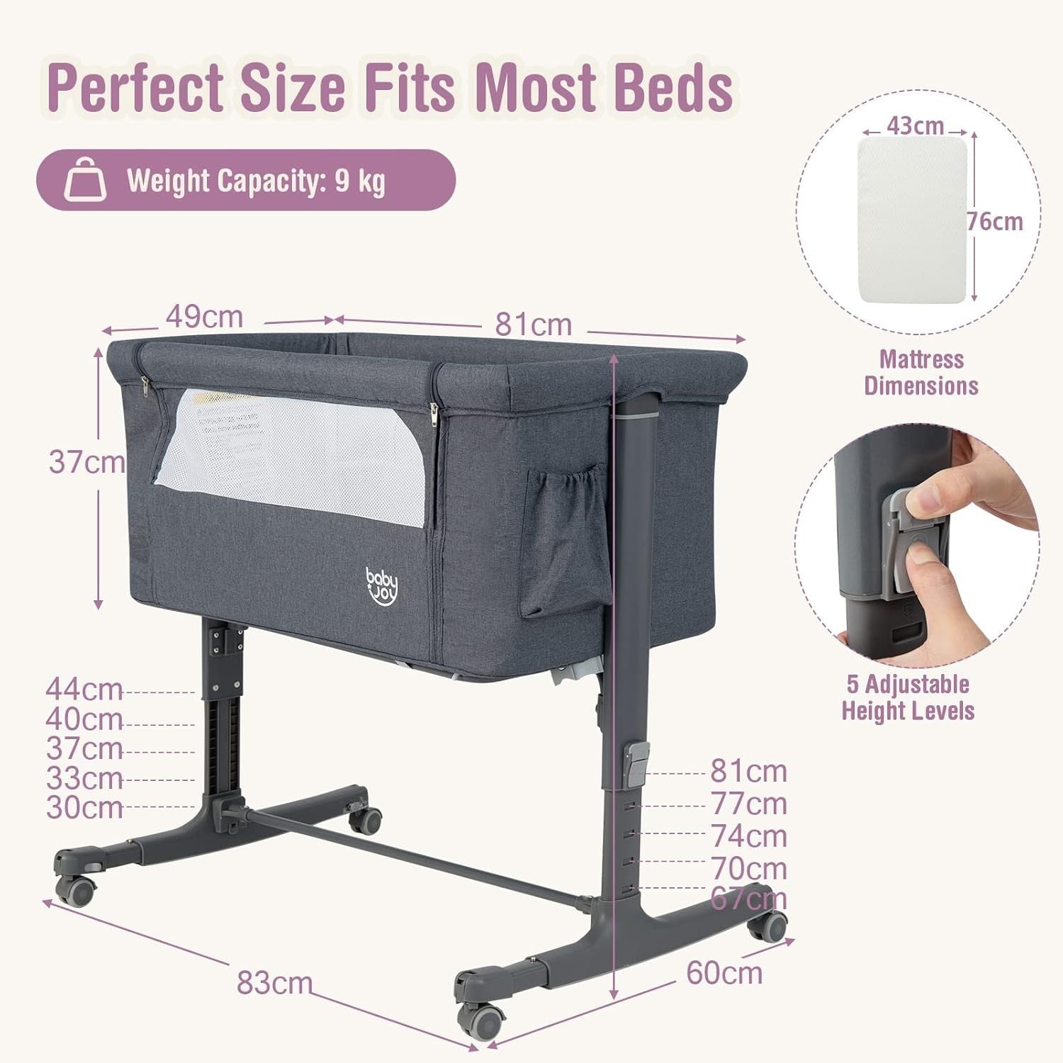 3-in-1 Baby Bedside Crib with Adjustable Heights, Mattress & Carry Bag Dark Grey