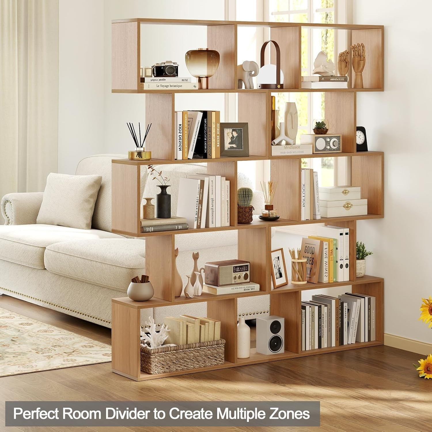 S Shaped 5 Tier Wooden Bookcase Freestanding Display Storage Shelf Natural