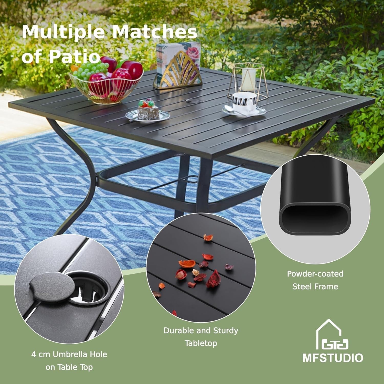 4pc Rattan Patio Dining Set Folding Chairs & Metal Table Umbrella Hole