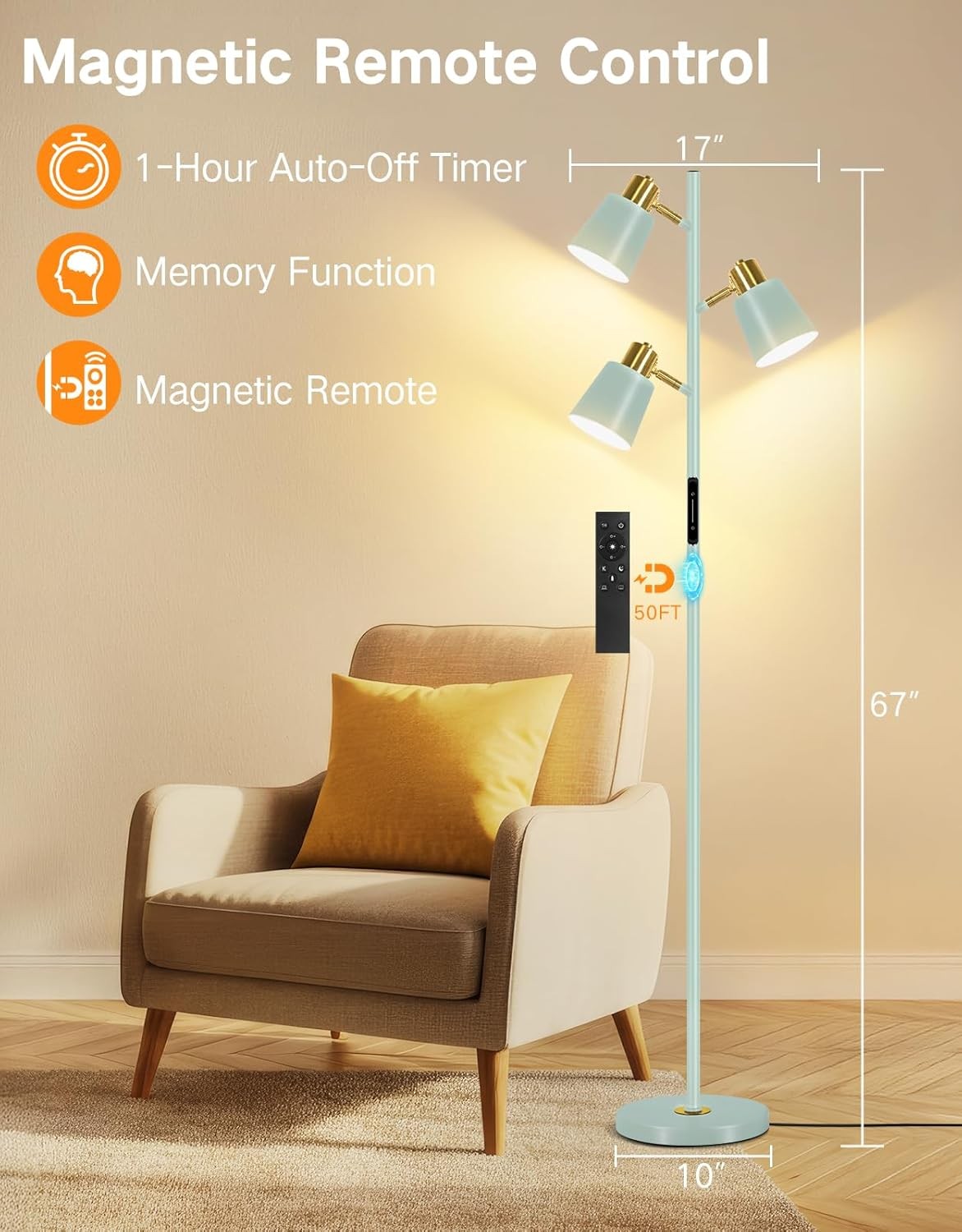 LED Tree Floor Lamp Dimmable Remote Touch 3 Head Adjustable Light