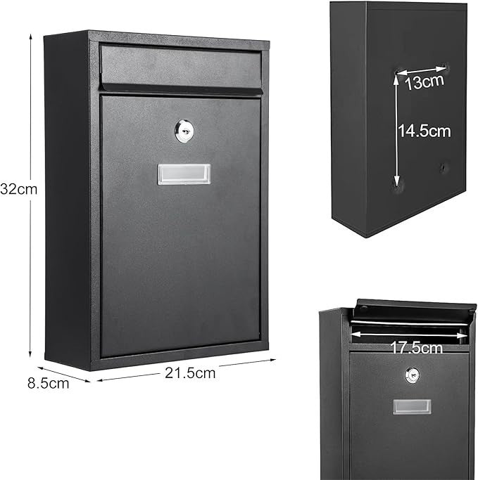 Lockable Wall Mounted Mailbox Black – Weatherproof Steel Post Box Outdoor Use