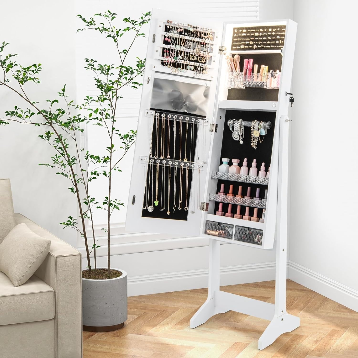 White LED Jewelry Cabinet Mirror Lockable 3-Color Light Storage Stand