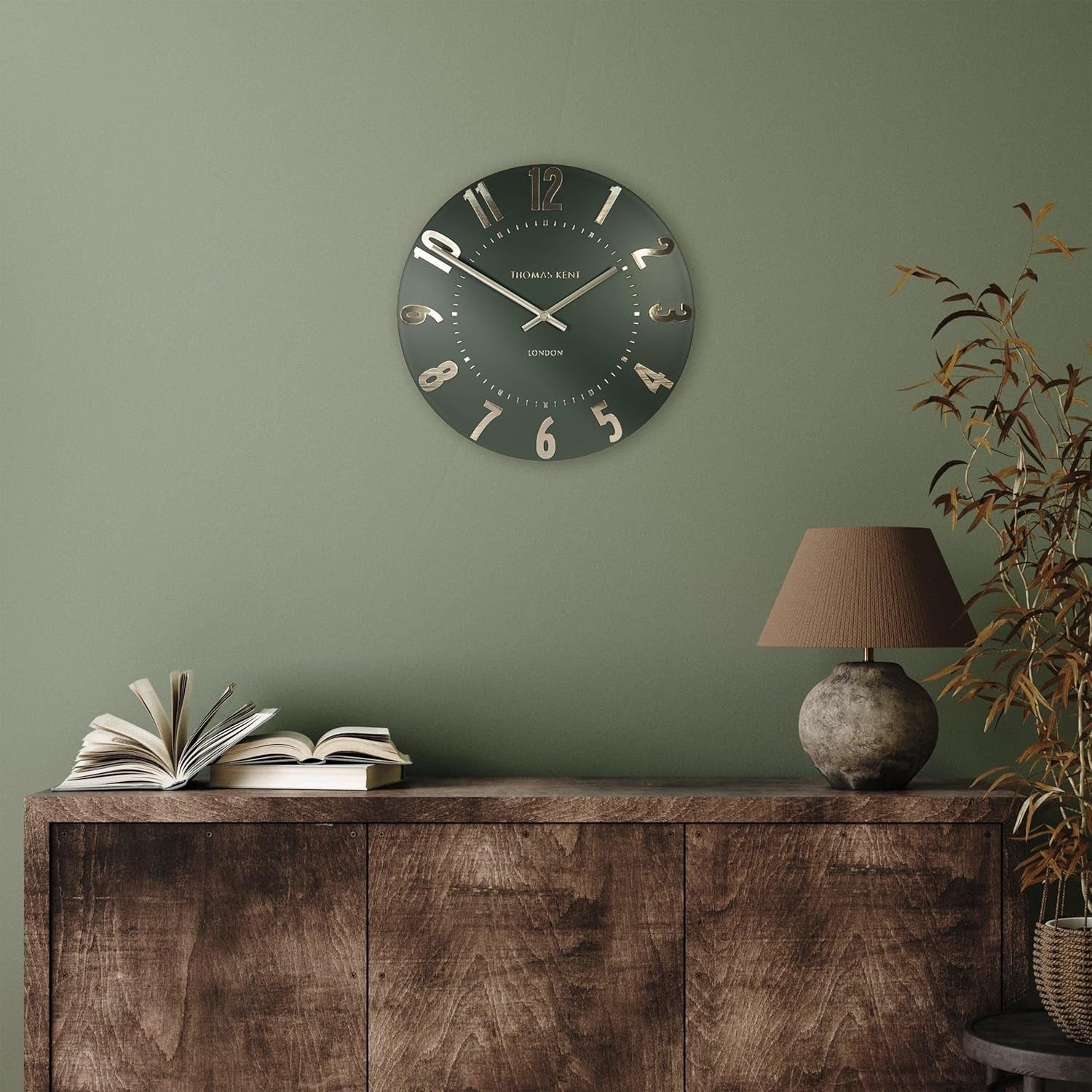 Silent Olive Green Wall Clock 12” Modern Metallic Numerals Luxury Decor