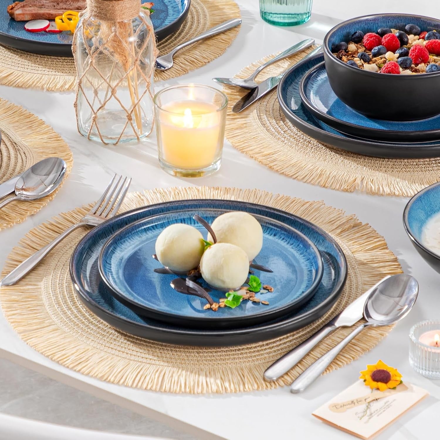 48pc Blue Dinner Set Plates Bowls Stoneware Reactive Glaze Service for 12