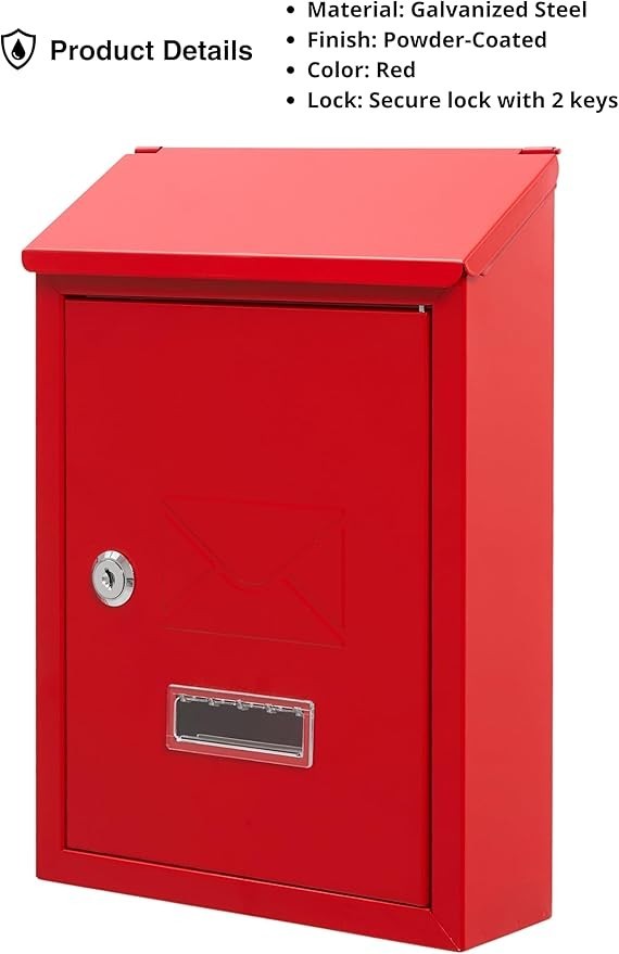 Lockable Wall Mounted Mailbox Red Steel Weatherproof Post Box Easy Install