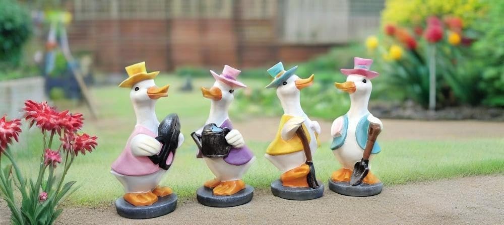 Set of 4 Duck Figurines • Outdoor Resin Garden Ornaments • Cute Patio Yard Decor