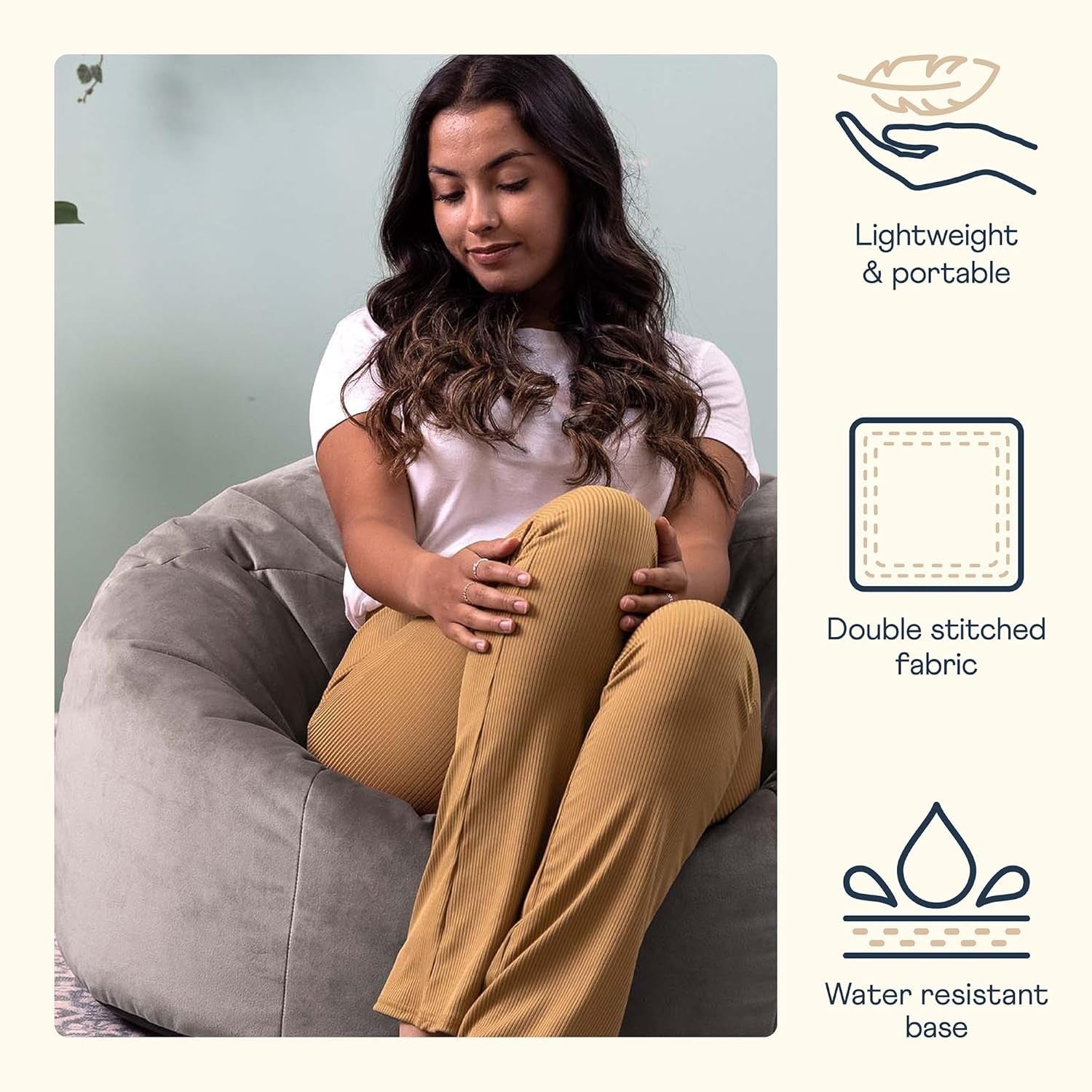 Large Grey Velvet Bean Bag Chair Adult Size | Comfy Lounge Seat