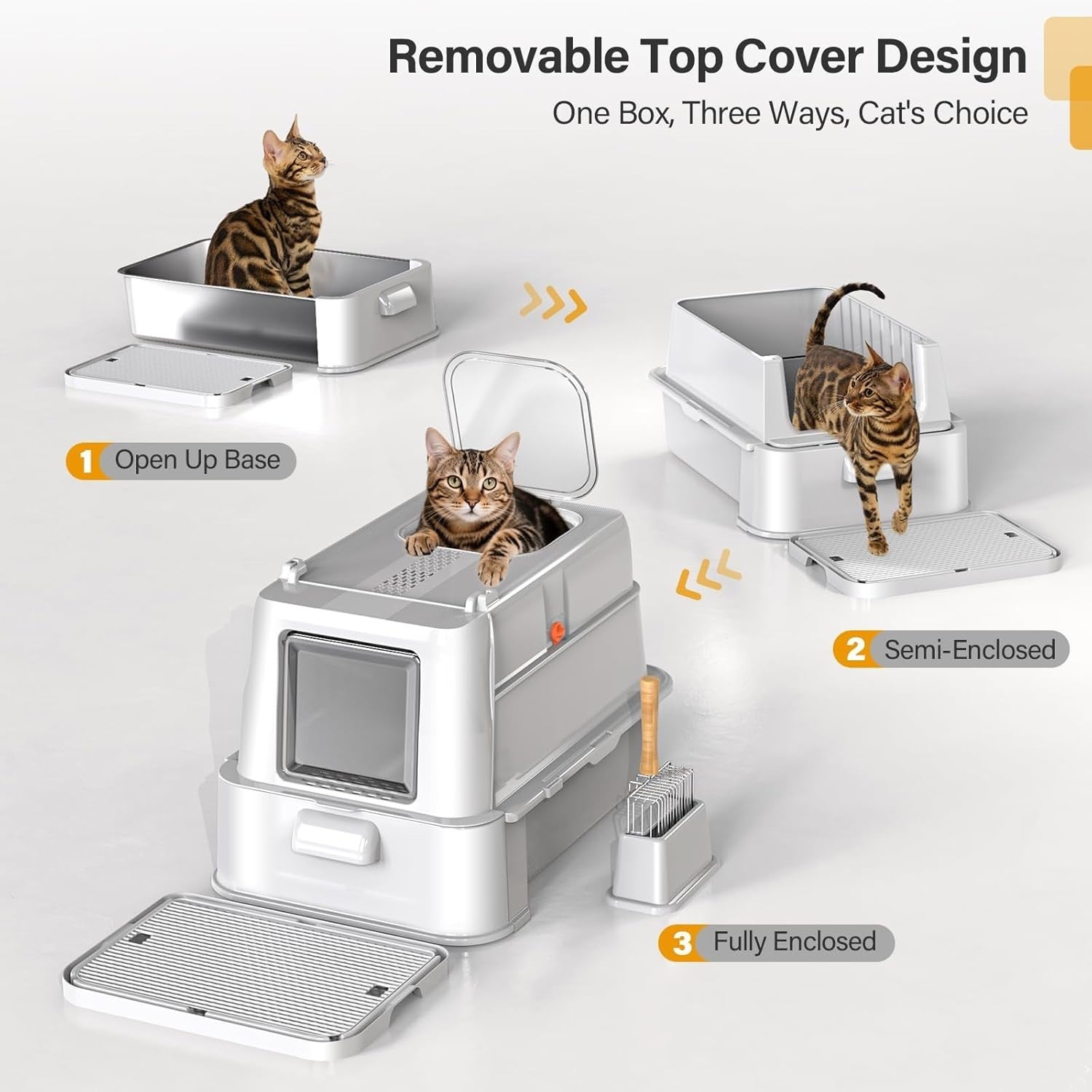 XL Stainless Steel Cat Litter Box Drawer Dual Entry Odor Control Grey