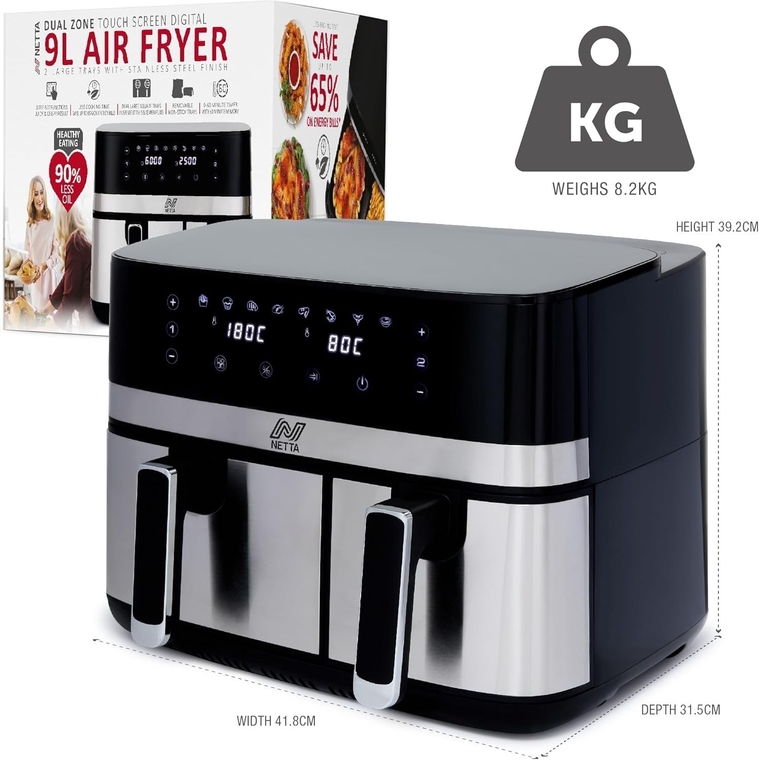 9L Dual Basket Air Fryer 2700W Digital Touch 80-200°C 60min Timer XL Black