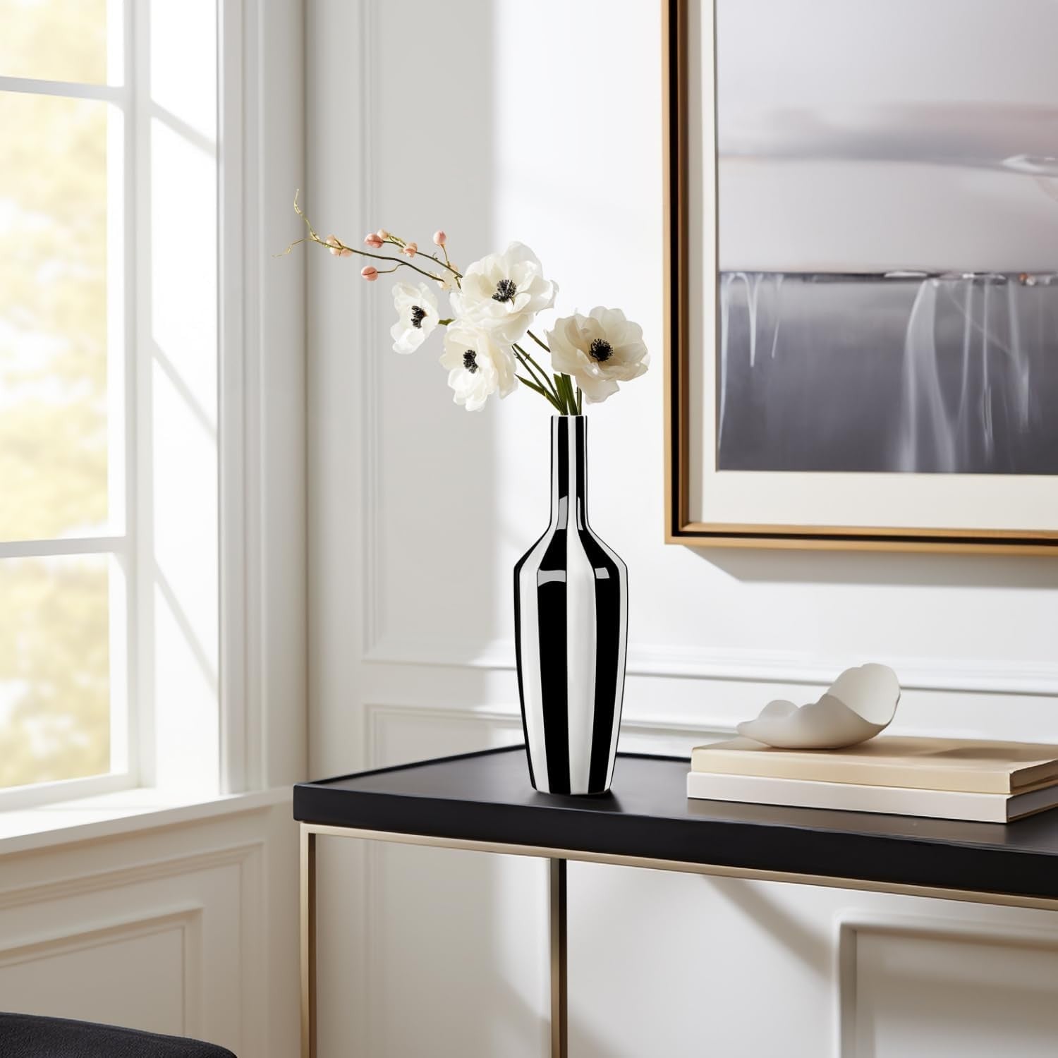 Tall Black White Ceramic Vase 15 Inch Modern Floor Table Home Decor