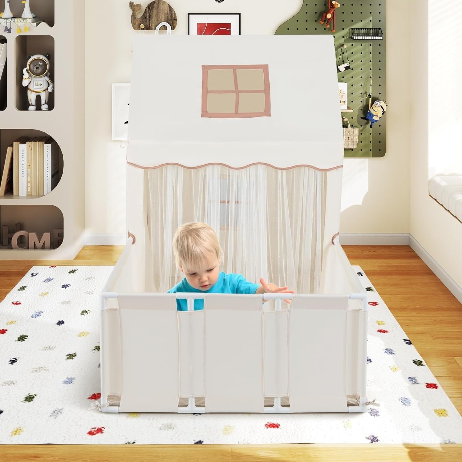 Kids Play Tent Beige Castle with Lights Mat Indoor Toddler Playhouse