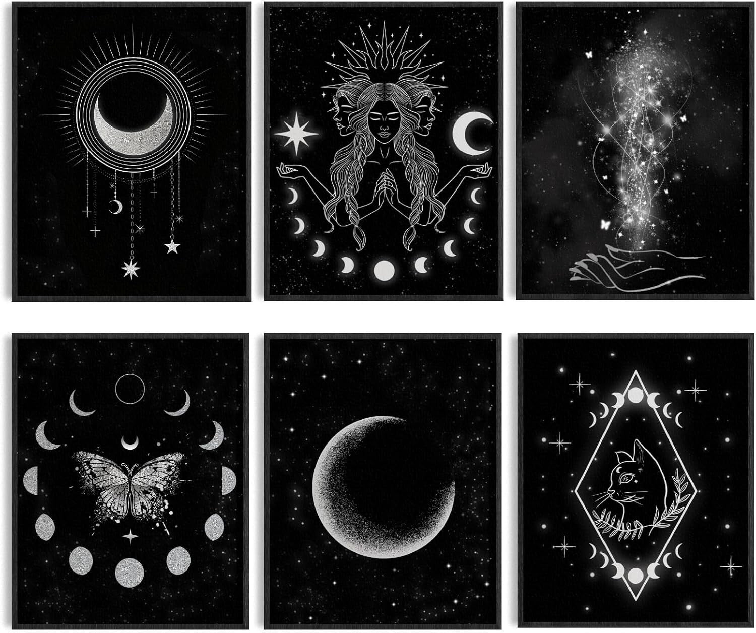 6pcs Moon Phase Wall Art Prints Witch Cat Celestial Decor 8x10in