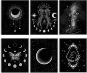 6pcs Moon Phase Wall Art Prints Witch Cat Celestial Decor 8x10in