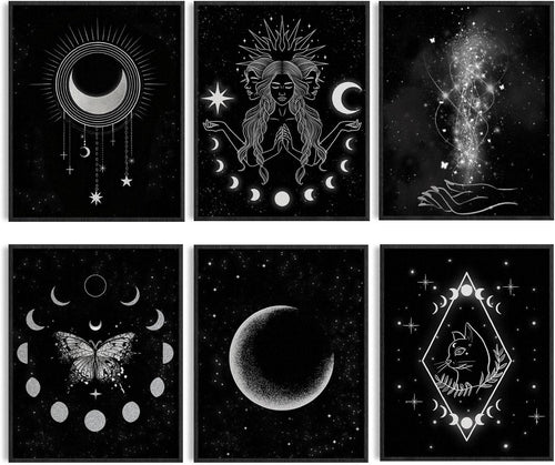 6pcs Moon Phase Wall Art Prints Witch Cat Celestial Decor 8x10in