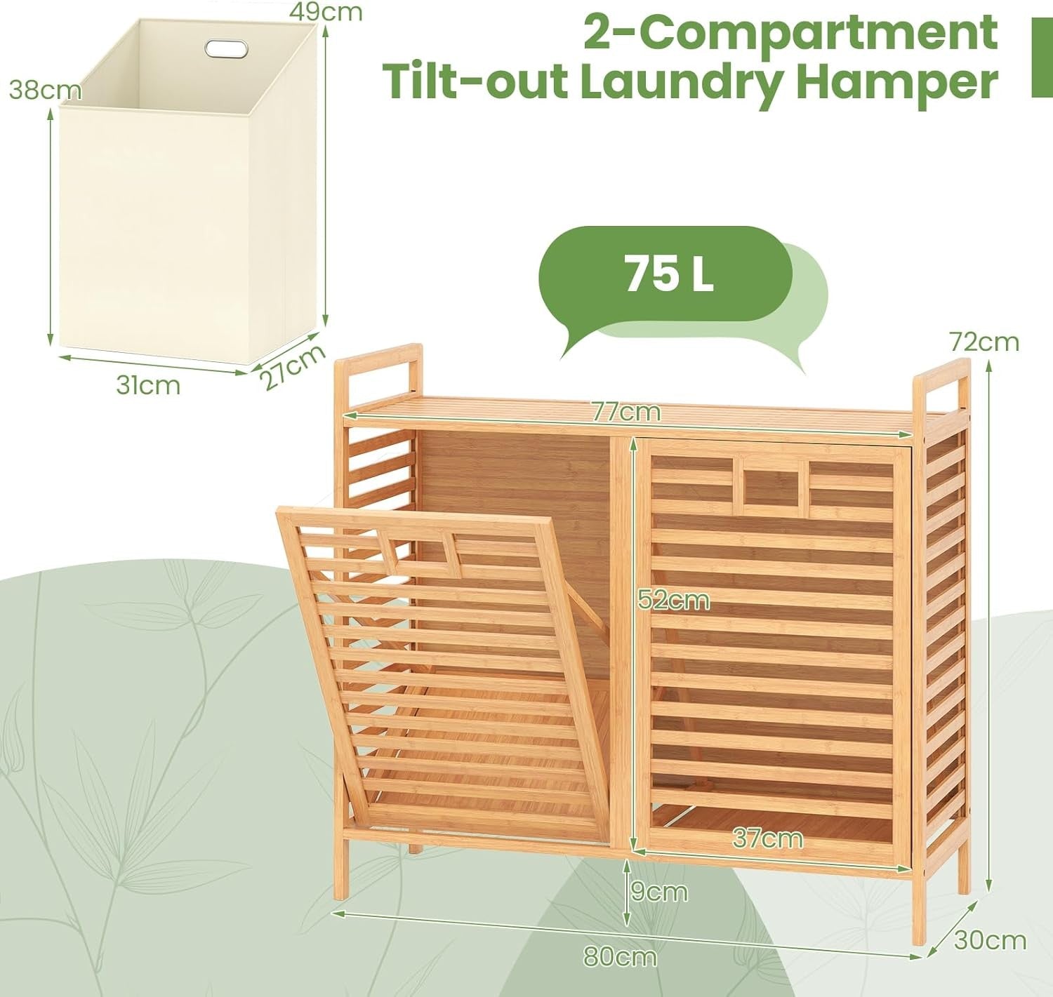 Bamboo 2 Compartment Tilt Out Laundry Hamper Cabinet with Shelves 80x30x72cm