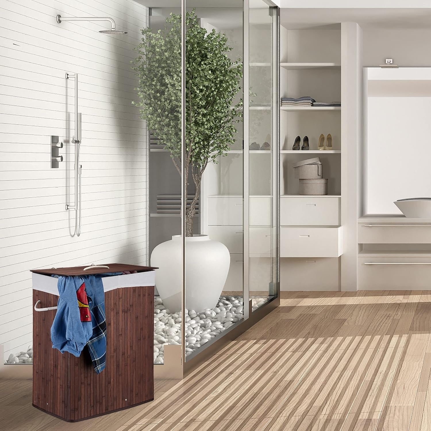 95L Grey Bamboo Laundry Hamper 2 Compartment Basket with Lid & Handles