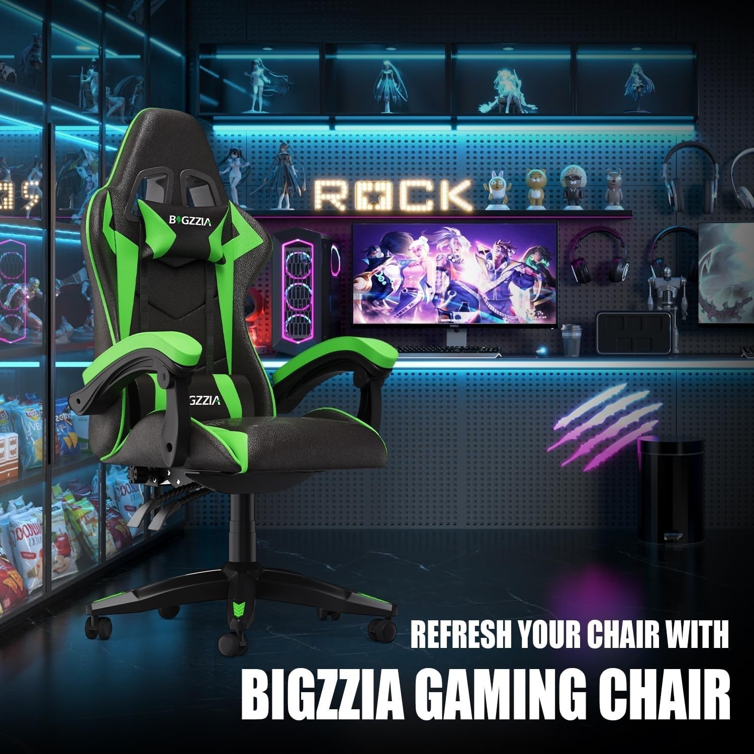 Ergonomic Gaming Chair PC Desk Office Racing Recliner Green Adjustable Padded
