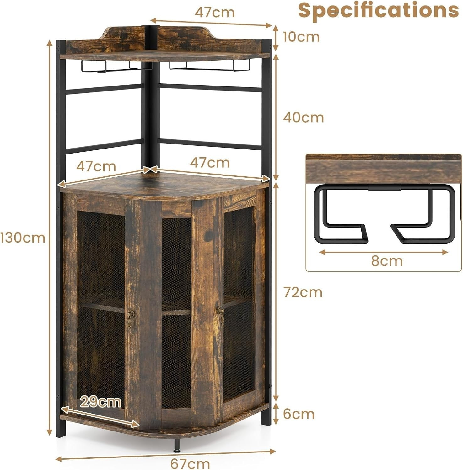 Corner Bar Cabinet with Wine Rack, Glass Holders & Shelf Rustic Industrial Unit