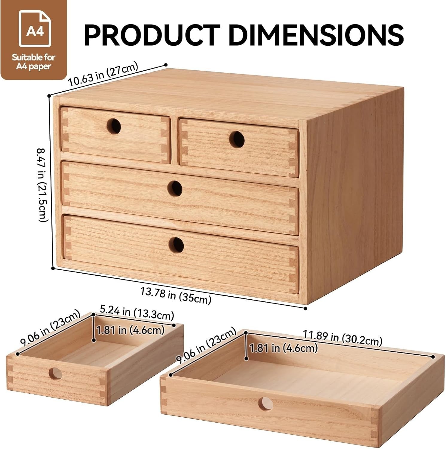 Natural Wood Desktop Organizer 4 Drawer 35cm Filing Makeup Storage